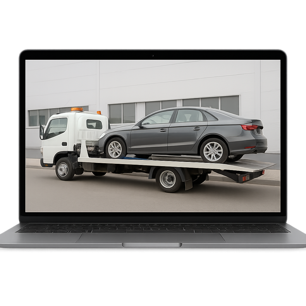 Laptop mit GALERS Abschleppservice – weißer Abschleppwagen transportiert beschädigten grauen PKW